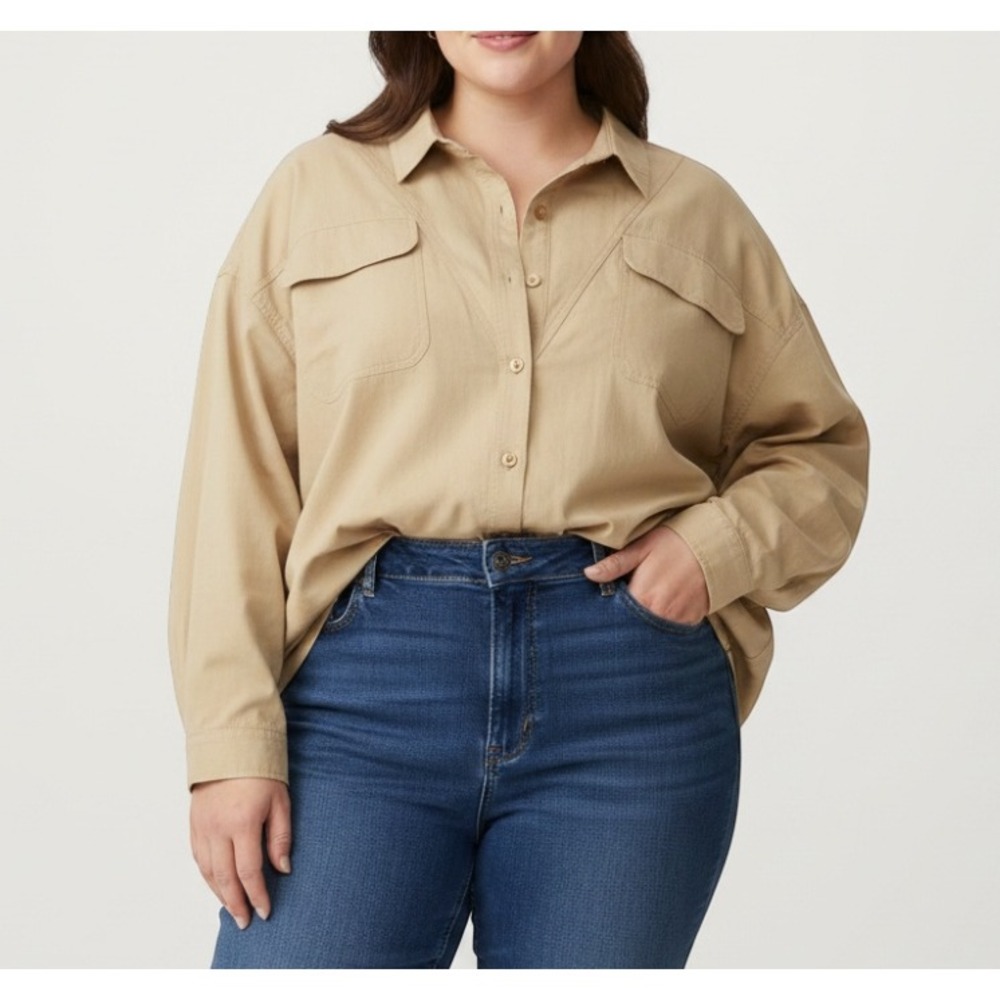 NWT SILHOUETTES Women's TWILL Khaki BUTTON-UP Pockets CASUAL SHIRT/TOP Sz 5X